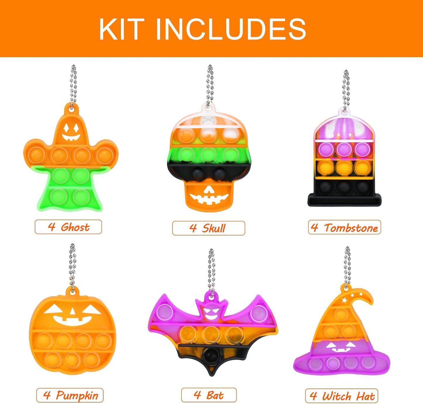 Halloween Party Favors - Halloween Pop Fidget Toys - 24 Mini Pop Bubbles Bulk with Keychain for Kids 4-8 8-12- Stress Relief Sensory Fidget Pack prizes for School Classroom Toddlers Boys Girls
