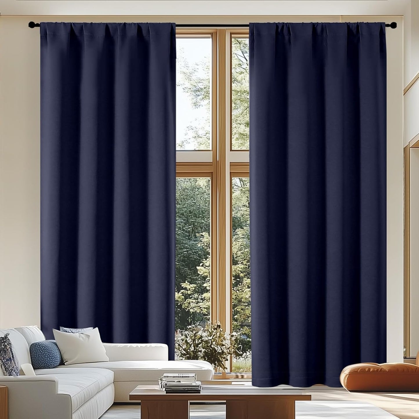 Simplebrand Ava Navy Blue Blackout Curtains for Patio 108 Inches Long 2 Panels Set, Solid Thermal Insulated Room Darkening Rod Pocket Window Treatment Curtains Blackout Drapes, W50 x L108