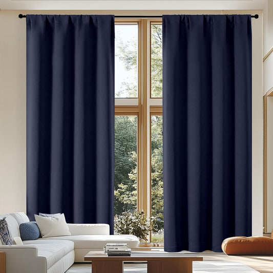 Simplebrand Ava Navy Blue Blackout Curtains for Patio 108 Inches Long 2 Panels Set, Solid Thermal Insulated Room Darkening Rod Pocket Window Treatment Curtains Blackout Drapes, W50 x L108