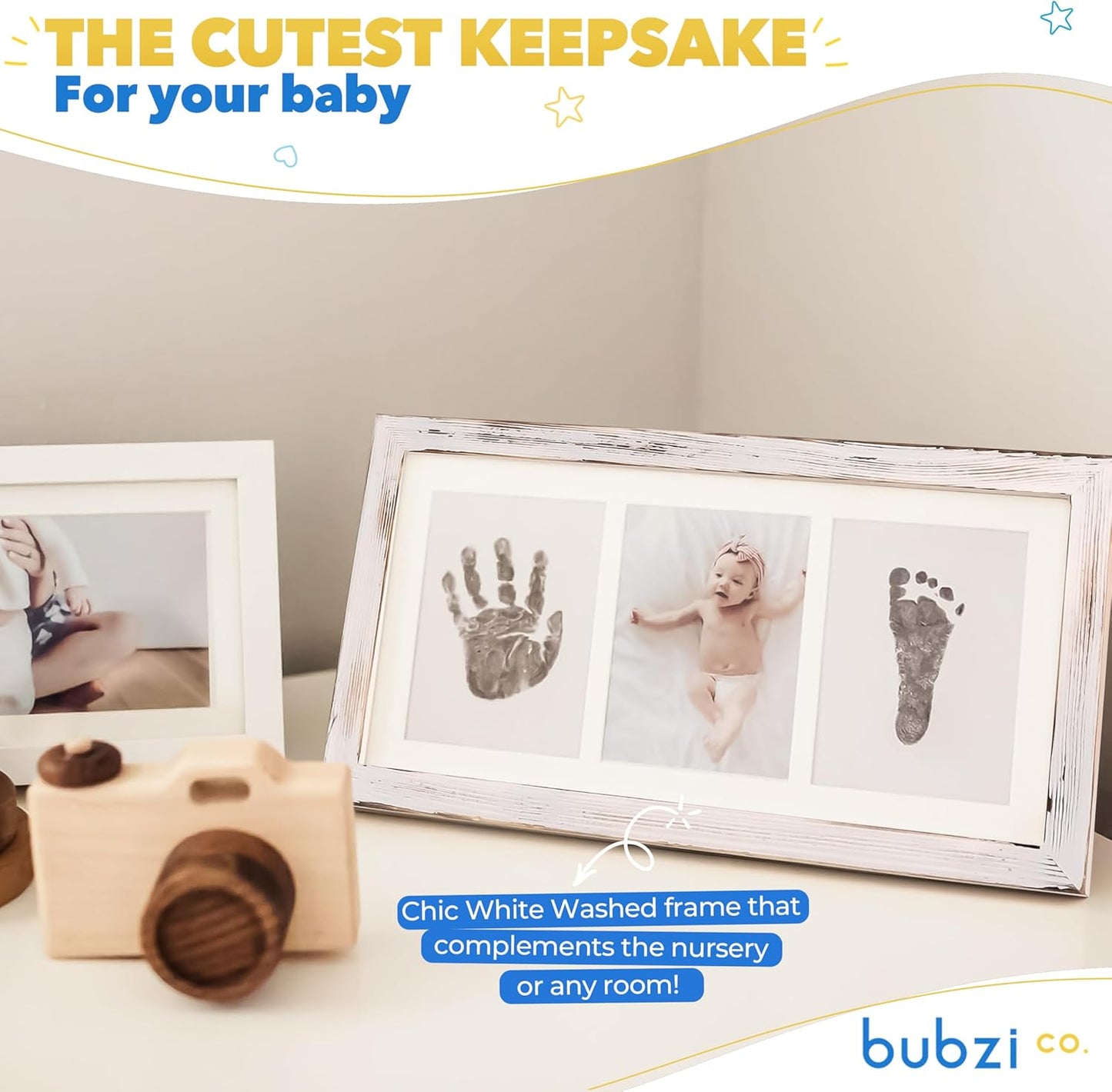 Bubzi Co Baby Handprint Kit & Footprint Photo Frame for Newborn Girls and Boys, Unique Baby Shower Gifts Set for Registry, Memorable Keepsake Decorations for Room Wall or Nursery Decor (White Wash)