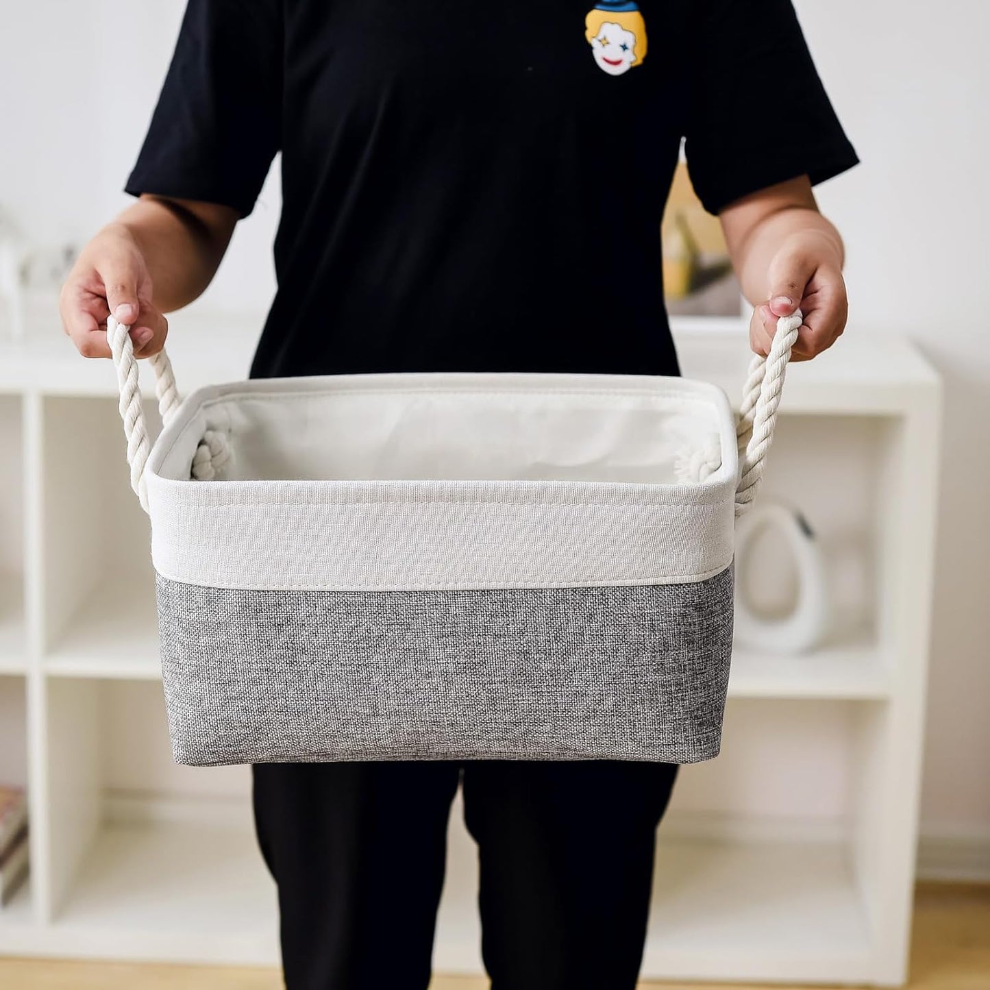 TheWarmHome Organization and Storage Basket for Shelves - 1 Pack 14x10x6.7 inch Collapsible Storage Bins, Fabric Storage Cubes for Closet Organizer Toy Gift Cloth (White & Grey)