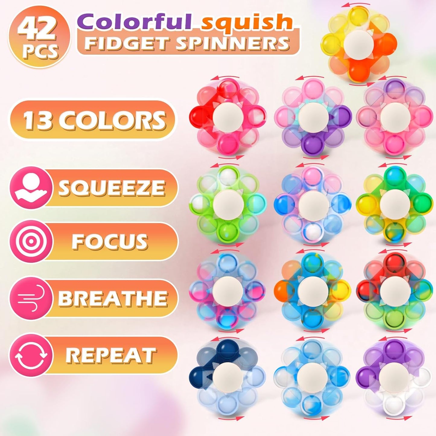 42 PCS Pop Fidget Spinners - Colorful Party Favors for Kids - Sensory Toys for Stress Relief and Anxiety - Classroom Prizes,Goodie Bag Stuffers,Birthday Gifts