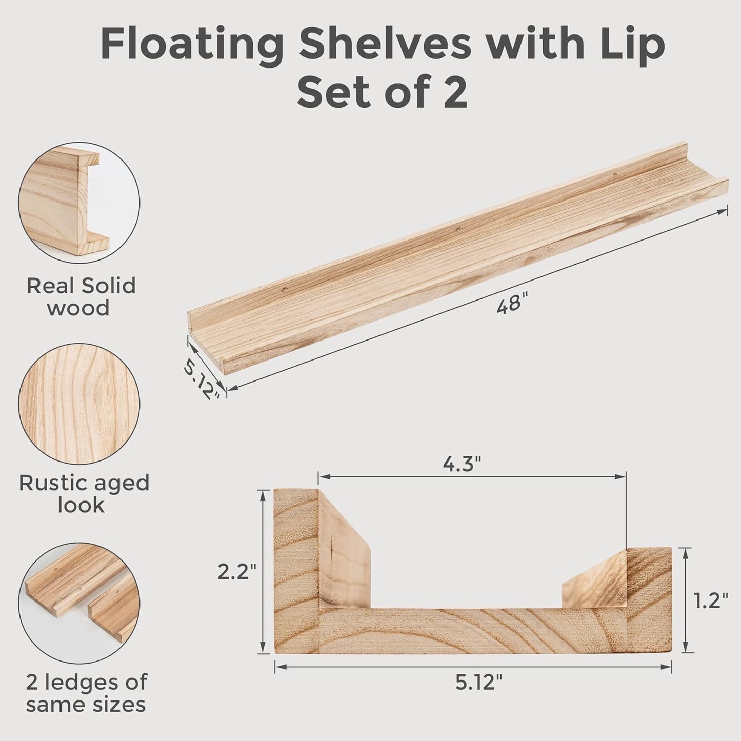 Fun Memories Floating Shelves 48 Inch Long, Rustic Wooden Picture Shelves with Ledge, Long Floating Shelf with Lip for Wall Set of 2, Photo Shelf Nursery Book Shelf for Kids Room, Living Room