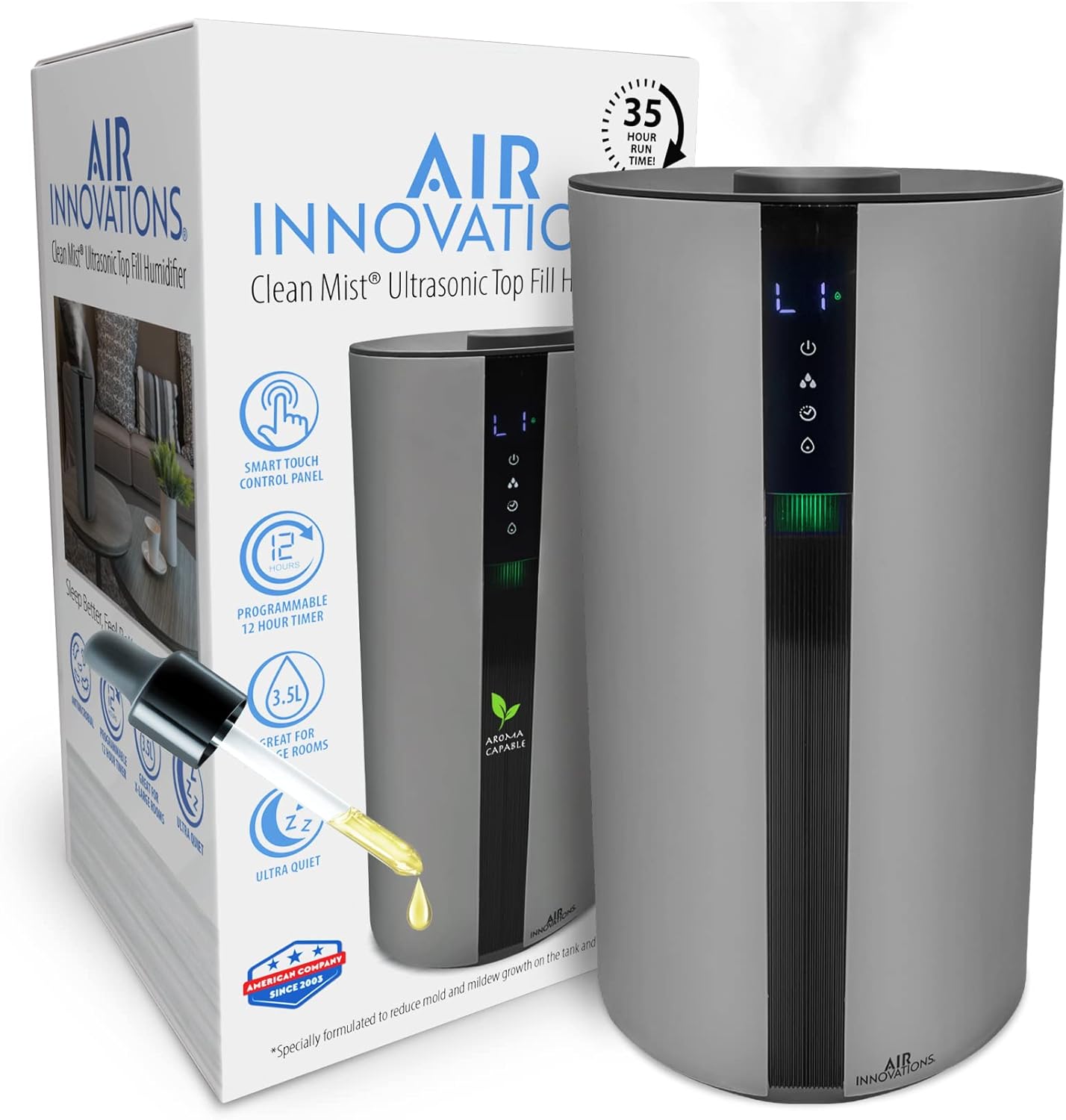 Air Innovations AI-104 Ultrasonic Cool Mist Humidifier for Large Bedroom – Quiet Cool Diffuser with 3.5L Tank, 35-Hour Runtime, Auto Shut-Off, Top-Fill Design – Ideal for Home, Baby, & Plant Rooms