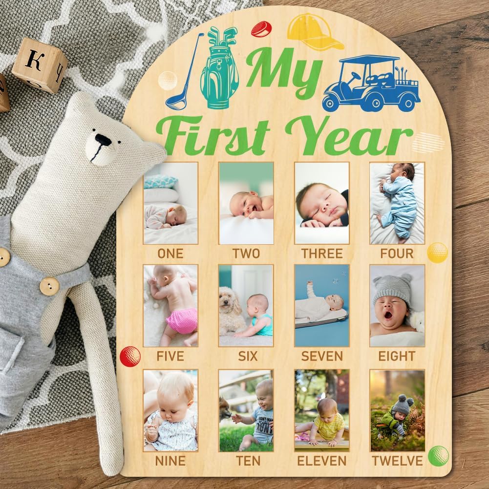 ORIGACH My First Year Baby Growth Photo Display Wood Board - 12 Months Newborn Milestones Photo Board - Neutral Baby Keepsake Frame 1st Birthday Party Nursery Decor New Mom Gift - Golf Element