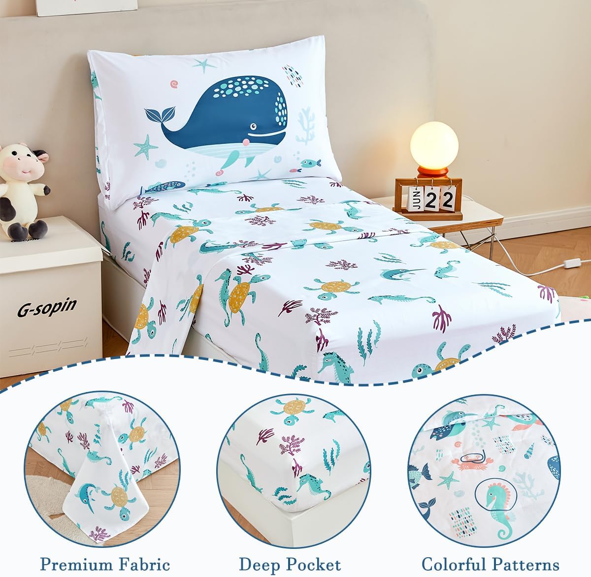 PERFEMET 4 Pcs Toddler Bedding Set Ocean Themed Toddler Comforter for Girl Soft Reversible Under Sea Animals White Toddler Bed in A Bag for Boys Girls(White, Whales)