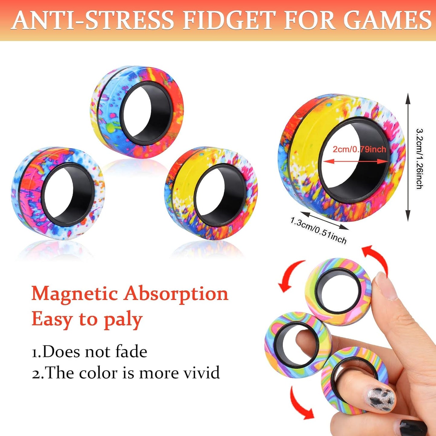 3Pcs Magnetic Rings Fidget Toy Set, Idea ADHD Anxiety Magnetic Fidget Toys Adults Fidget Spinner Rings for Relief, Easter Basket Stuffers Valentines Gifts for 8 9 10 11 12 13+ Year Old Teen Boy Girl A