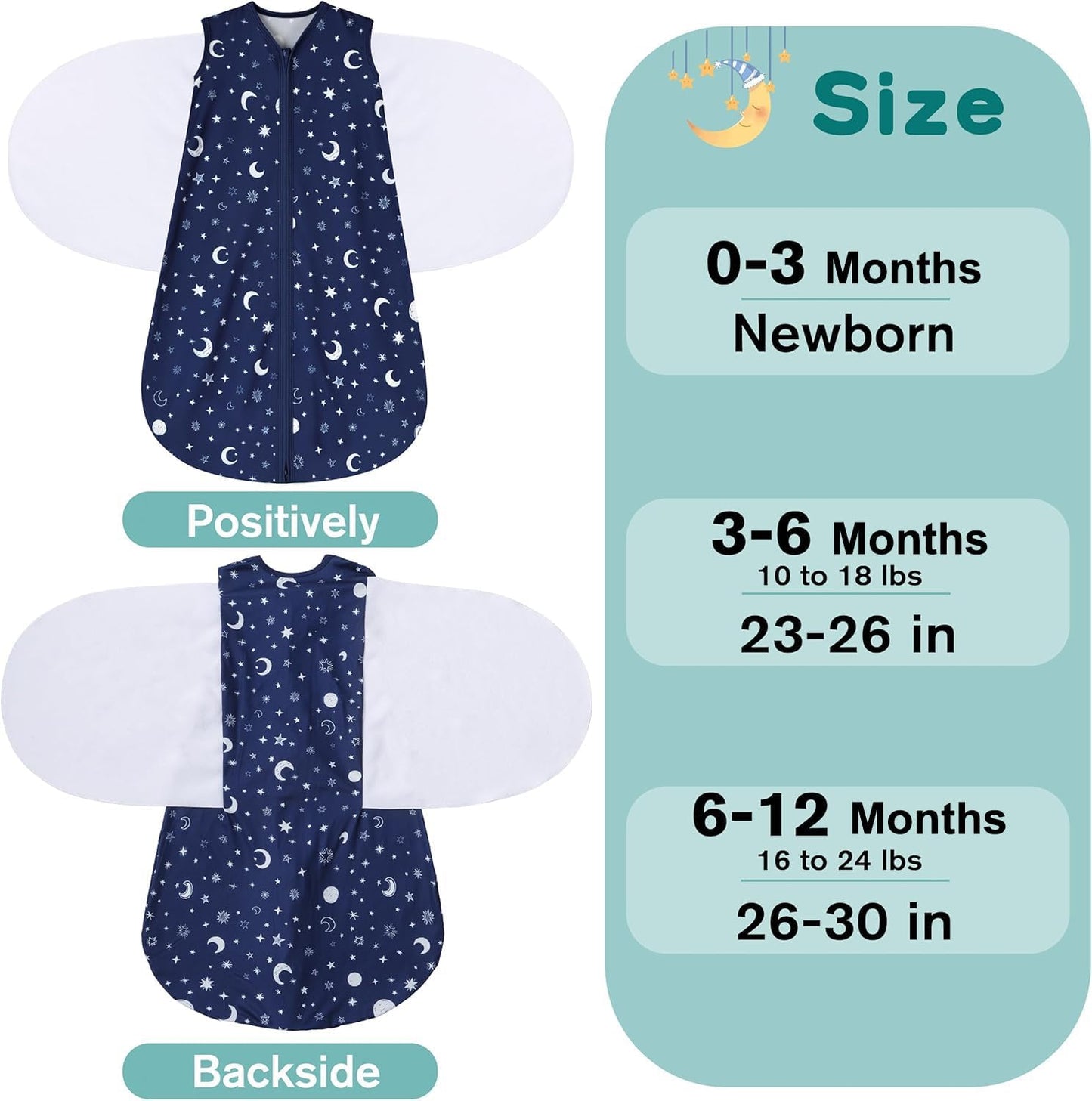 Newborn Sleep Sack Baby Swaddle,6-12 Months,3-Way Adjustable Wearable Blanket,100% Rayon Cotton Swaddling Sleeping Bag，TOG 0.5（Clouds&Starry Sky）