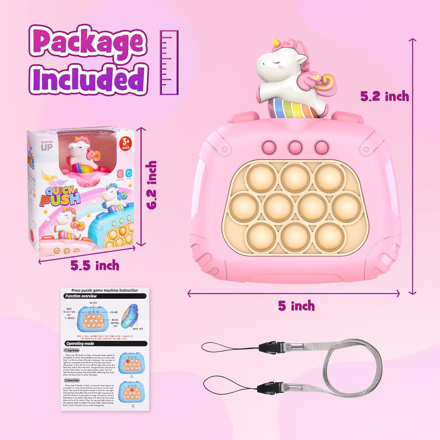 Unicorn Kids Fidget Game Toys: Pop Quick Push Handheld Games for Kid 4 5 6 7 8 9 10 11 12Year Old Girls Birthday Gifts Autism Sensory Toy for Girl Ages 6-8-12 Toddler Travel Toy Girls Popping Game