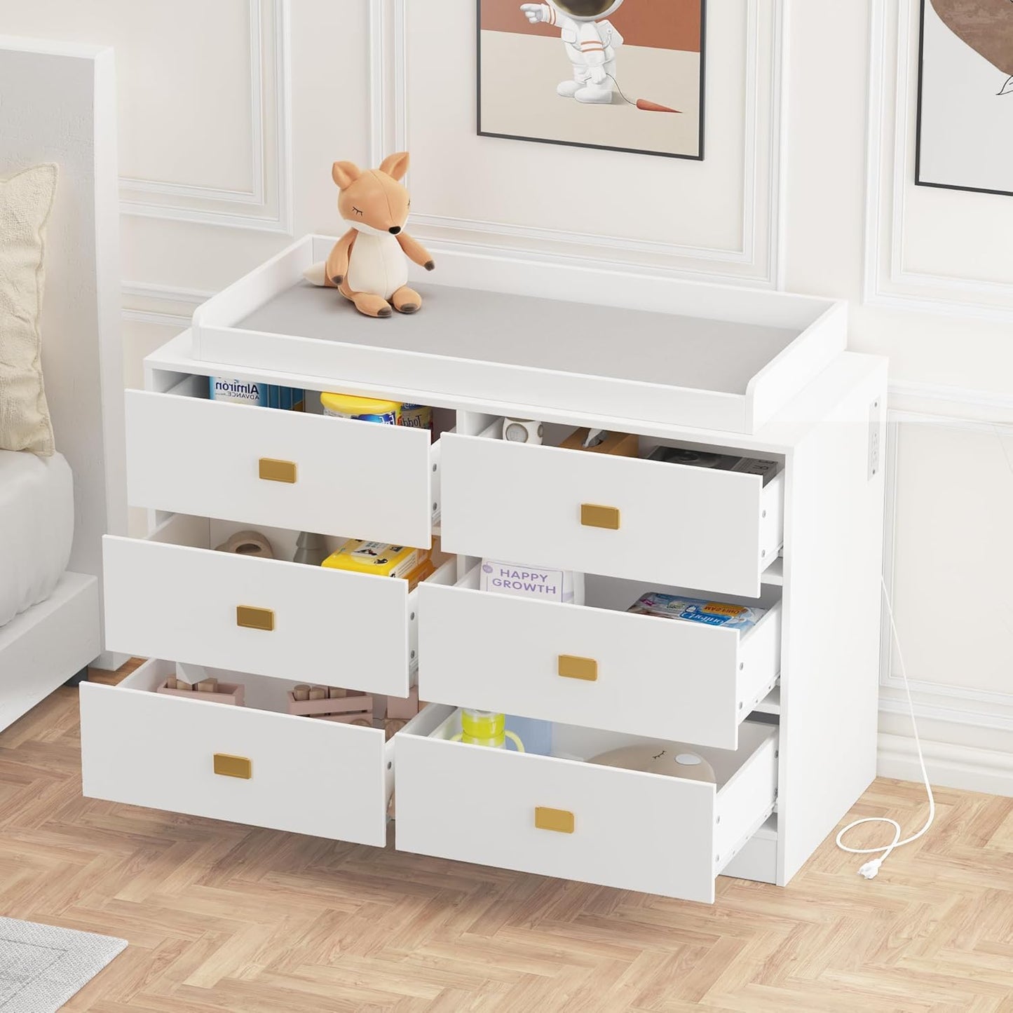 Dresser for Bedroom with 6 Drawers, Changing Table Dresser with Power Outlets, Soft Changing Pad & Removable Top, Baby Dresser with Changing Table Top for Nursery, White