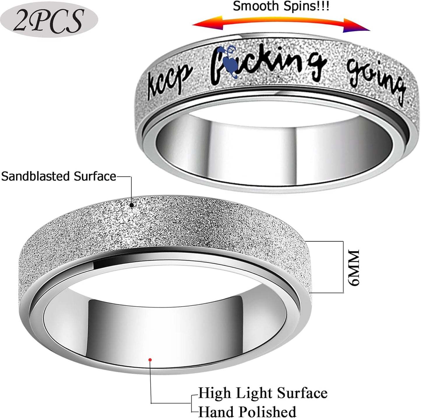 Anxiety Ring for Women Men, Titanium Stainless Steel Spinner Ring, 5 Colors, 6MM, Size 6-10, 3 Styles Anxiety Ring-Moon Star, Sandblasted Finished, Hollow Outer