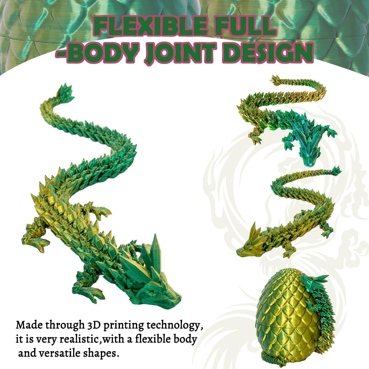 3D Printed Dragon Eggs with Dragon Inside, 12In Laser Gold Green Dragon Egg Fidget Toy, Executive Desk Articulated Dragon Toy, Home Office Decor