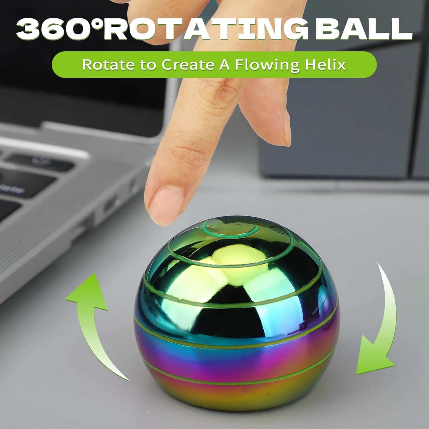 Kinetic Fidget Spinner Lumious Desk Toy for Kids Adults, Cool Optical Illusion Gadget Metal Stress Relief Gyro Ball, Easter Egg Stuffer Birthday Party Gift for Age 3-12 5-16 (Rainbow-Green Light)