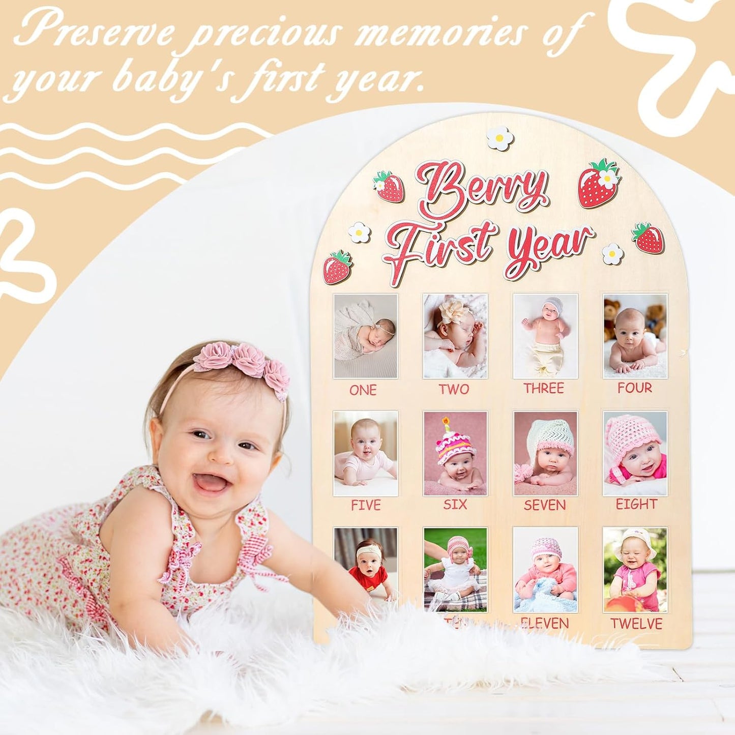 Berry First Year Photo Board Strawberry Birthday Party Wooden Board Decorations 12 Monthly Milestone Picture Frame One Year Old Wood Sign 1st Birthday Photo Banner for Baby Girls Keepsake Gift Supply