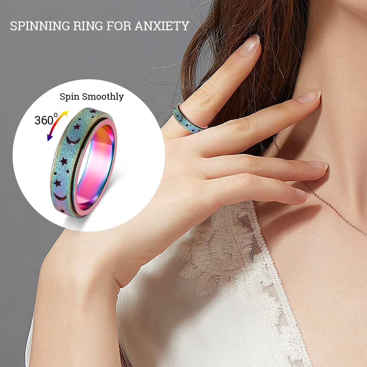 OreilleStar Anxiety Ring for Women Spinner Ring Fidget Ring Fidget Toys Adults Spinner Rings Fidget Rings for Women Fidget Ring Rose Gold Silver Rainbow Size 10