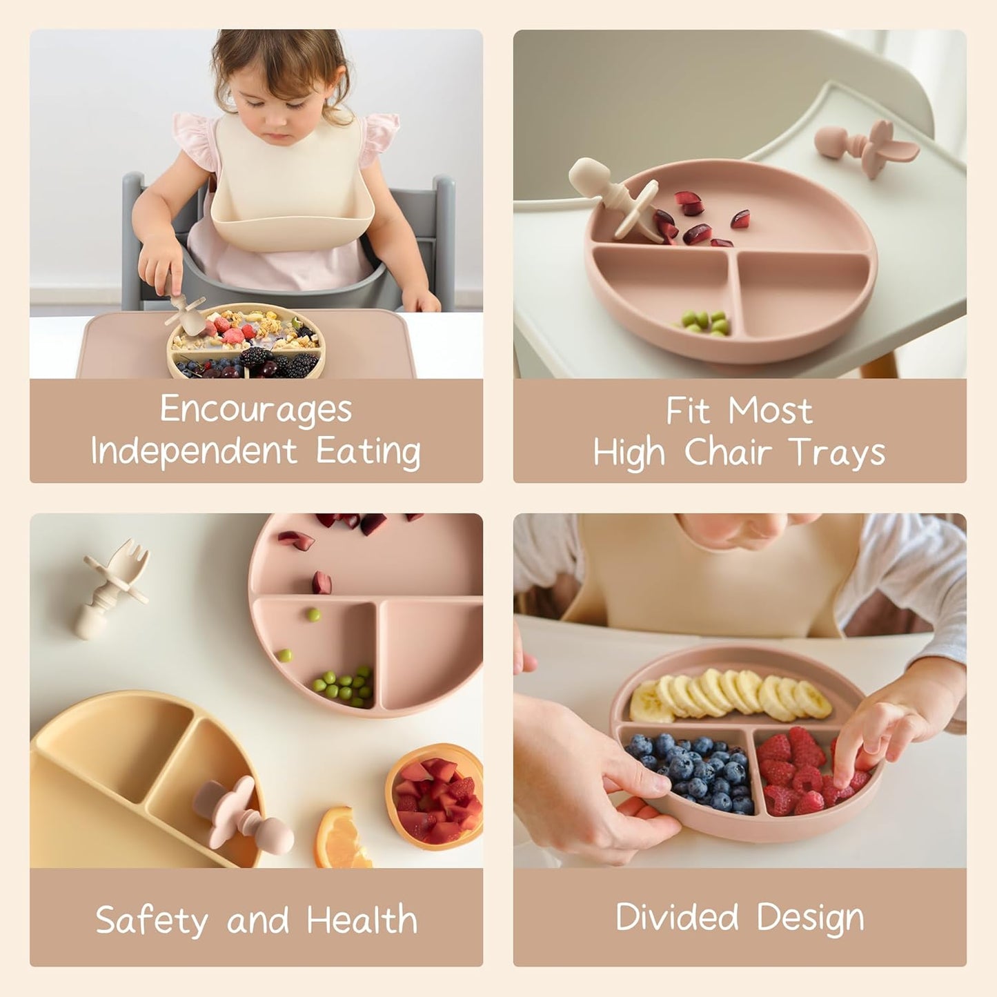 Moonkie Suction Plates for Baby | 100% Silicone BPA-Free Baby Plates with Lids and Food Cover | Divided Design | Microwave and Dishwasher Safe | Toddler Plates 3 Pack