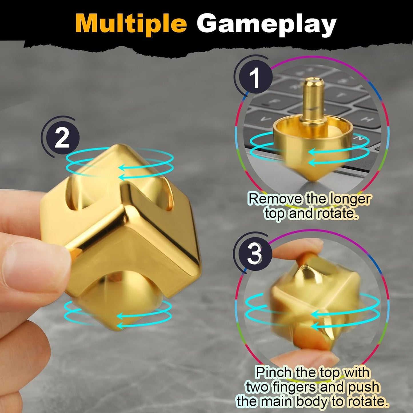 Metal Cube Fidget Spinner Toy for Kids Adults, Gold Cube Fidget Block Figner Spinner Focus 2 in 1 Spinning for Boys 3-12, Mini Gadget Easter Basket Stuff Desk Relaxing EDC Toy
