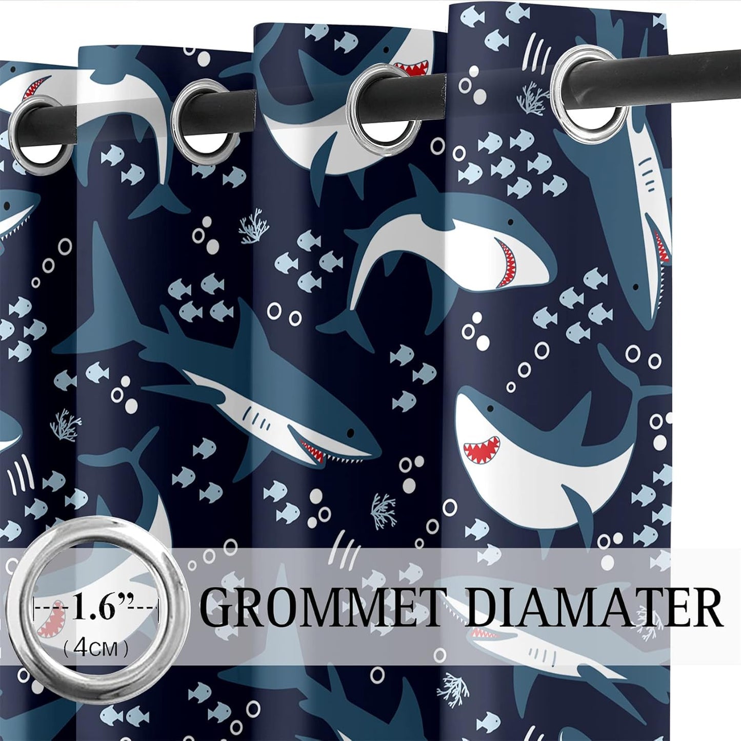 Cartoon Shark Blackout Curtain Panels Curtains Blue Curtains for Boys Bedroom Grommet Top Window Treatment 2 Panels Drapes Kids Room Decor Navy Blue Curtains 84 Inch Length, 82''x84''