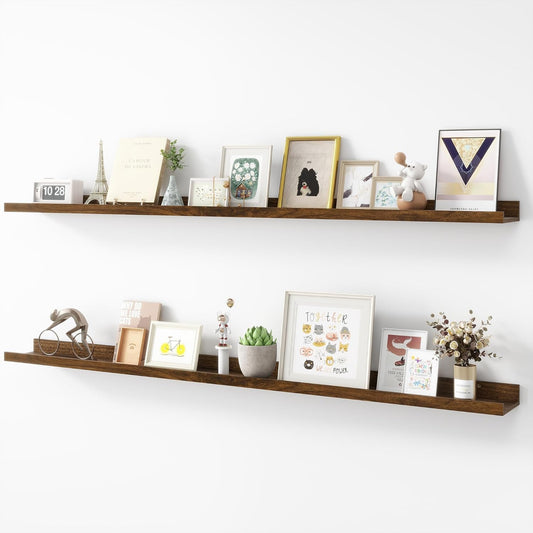 Picture Ledge Shelf, Wood Long Floating Shelves for Wall, Set of 2, 56 inch Picture Ledge Shelves, Photo Ledge Nursery Book Shelves Wall Mounted for Living Room Kids' Room Bedroom, Color Walnut