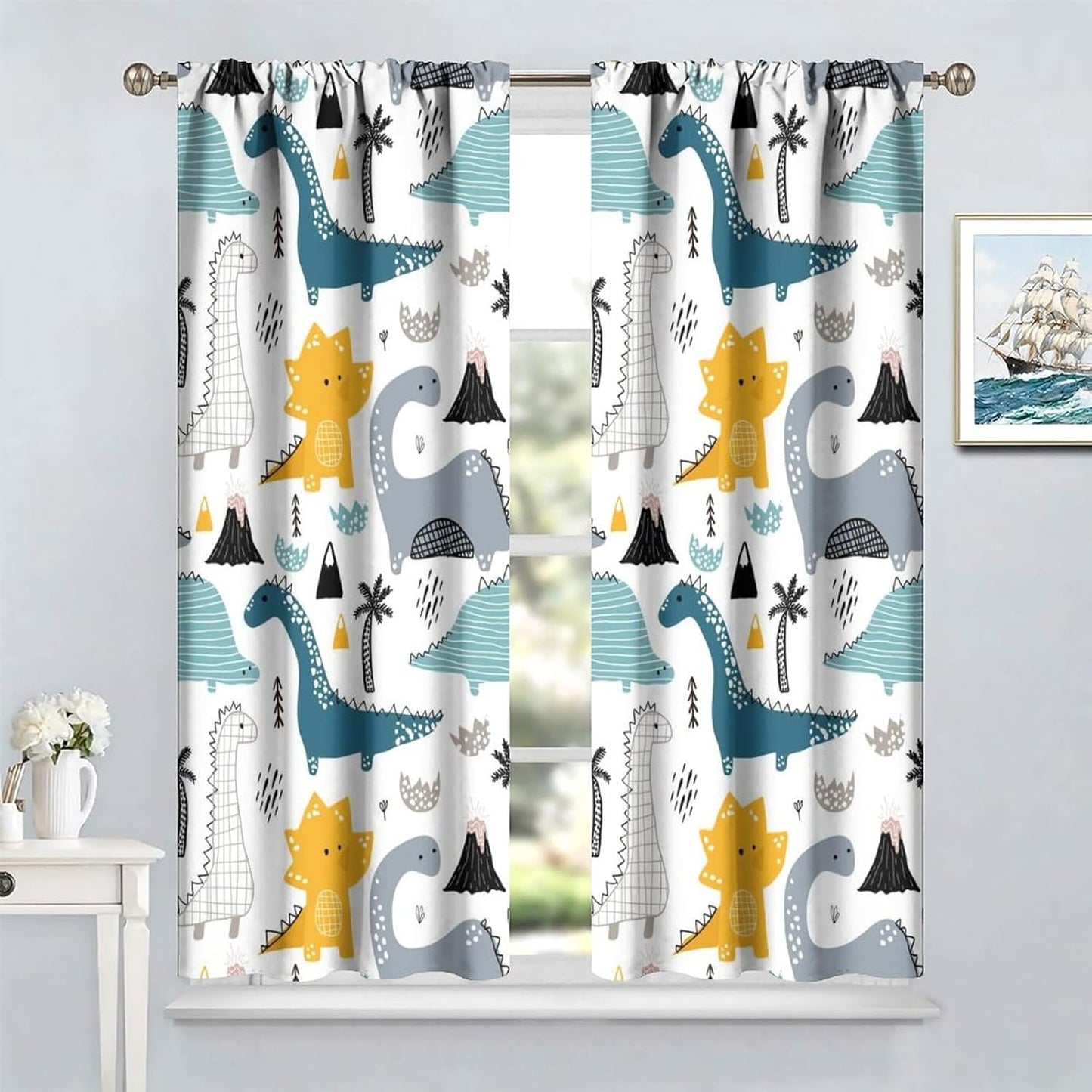 Kids Dinosaur Curtains for Boys Girls Bedroom Decor Cartoon Dino Colorful Cute Funny Wildlife Animal Printed Blackout Rod Pocket Window Drapes for Baby Nursery Playroom Living Room W21xL45in 2 Panels