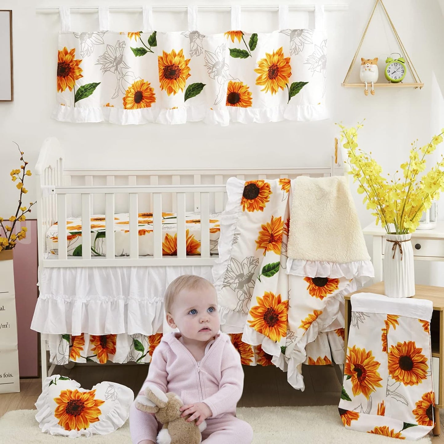 Brandream Nursery Bedding Farmhouse Floral Baby Bedding Yellow White Crib Blanket Set Sunflower Girls Boho Fitted Sheet,6 Piece