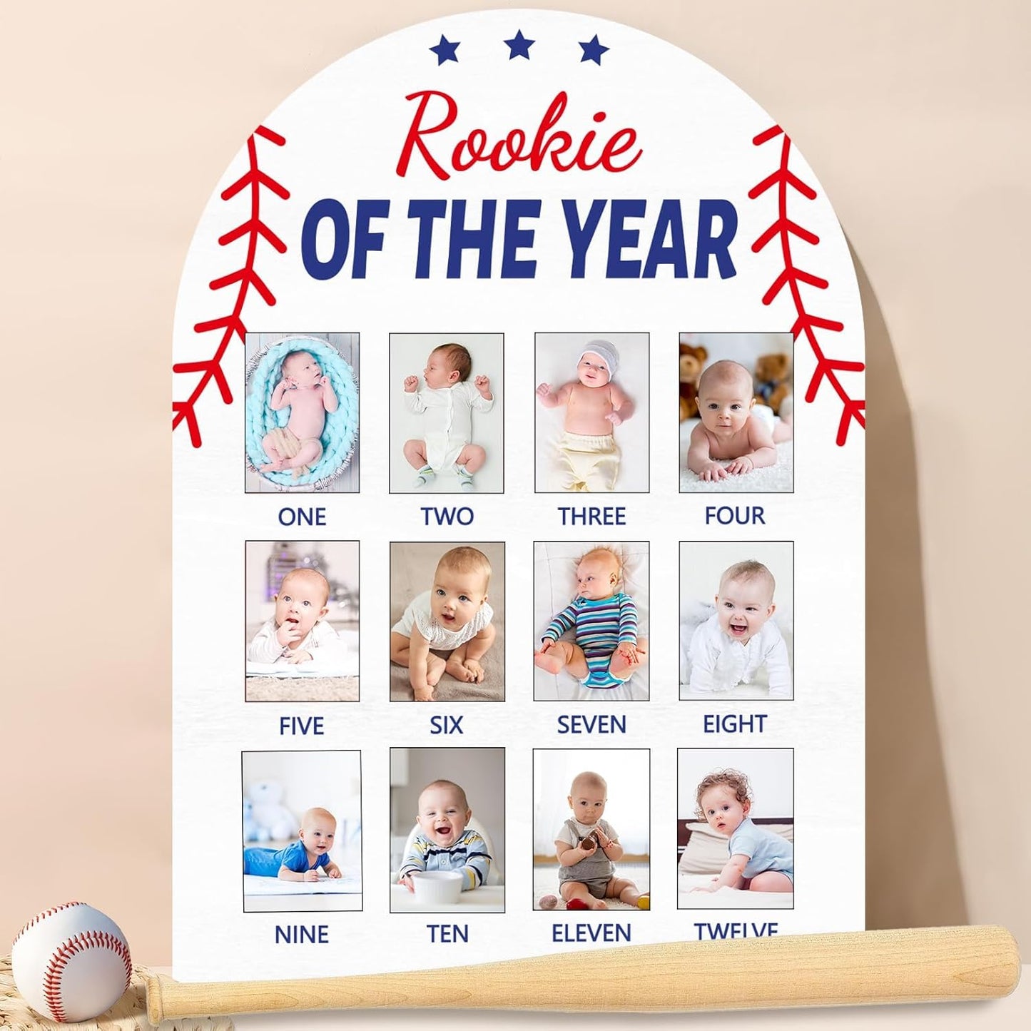 Baseball First Year Photo Board Rookie of the Year Birthday Party Decoration Wooden Board 12 Monthly Milestone Picture Frame Sports 1st Birthday Photo Banner for Baby Boy Keepsake Gift Supply2x2.8In