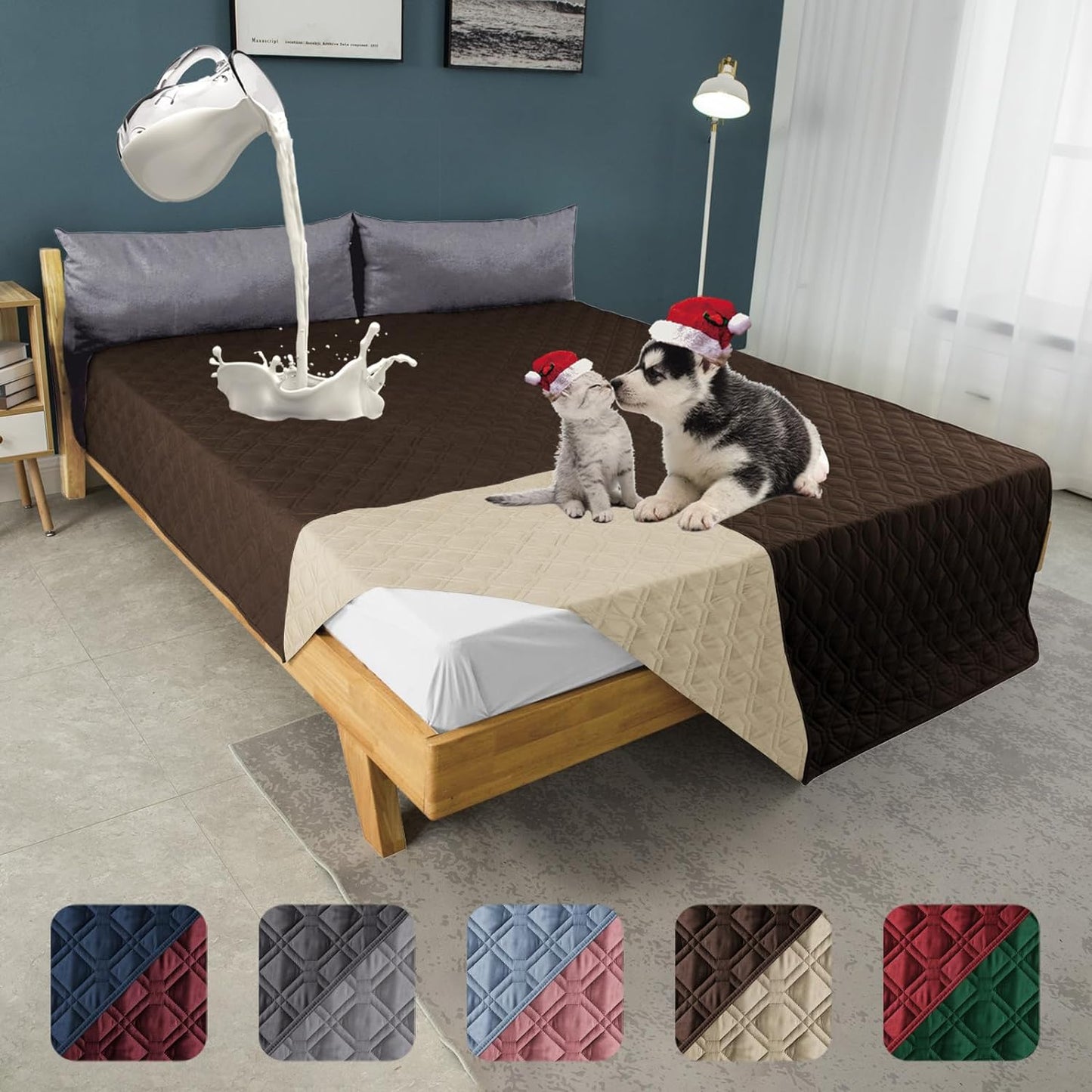 100% Waterproof Dog Bed Cover 86x82 inch Reversible Reusable Camping Mat for Kids/Pet/Dog/Cat Washable Geometric Embroidery Blanket Patchwork Brown+Beige