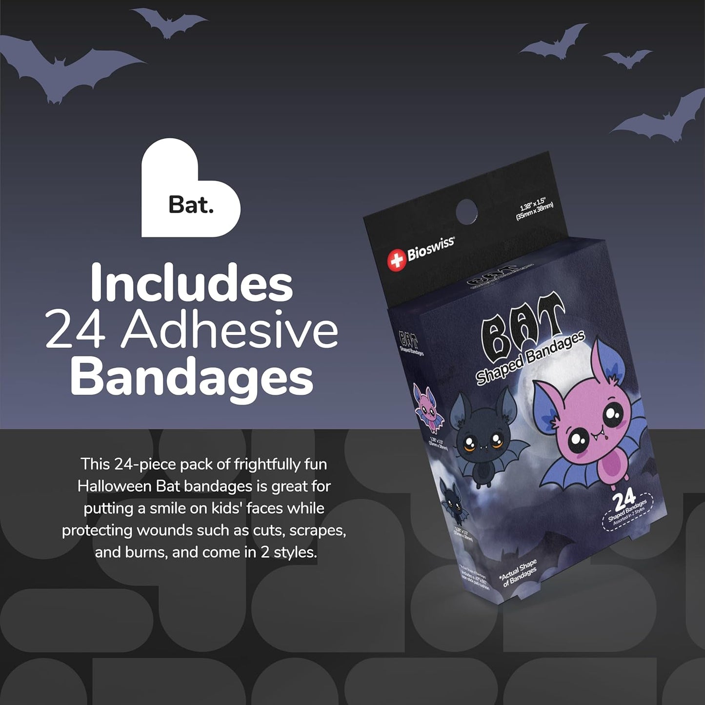 BioSwiss Bandages, Halloween Bat Shaped Self Adhesive Bandage, Latex Free Sterile Wound Care, Fun First Aid Kit Supplies for Kids, 24 Count