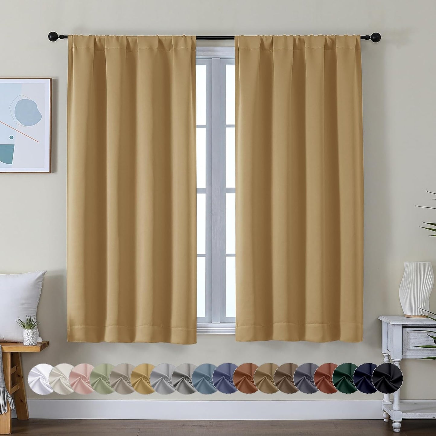 Simplebrand Ava Gold Short Blackout Curtains for Bedroom 54 Inches Long 2 Panels Set, Solid Thermal Insulated, Energy Saving Window Treatment Curtains Blackout Drapes, W40 x L54 Inch, Gold