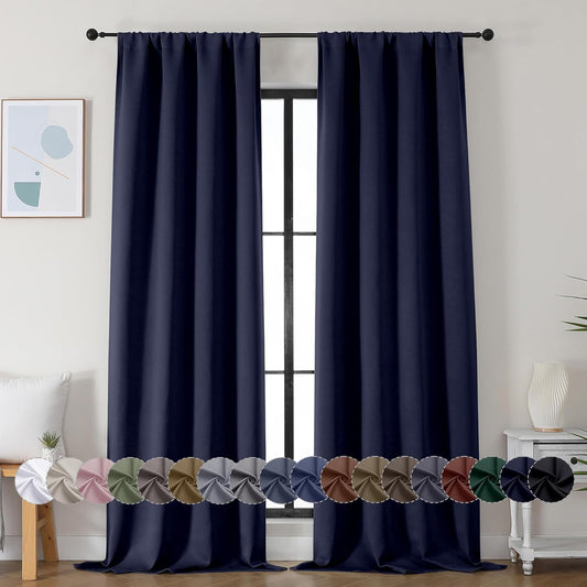 Simplebrand Ava Navy Blue Blackout Curtains for Bedroom 90 Inches Long 2 Panels Set, Solid Privacy Energy Saving Living Room Window Treatment Curtains Blackout Drapes, W40 x L90 Inch, Navy Blue