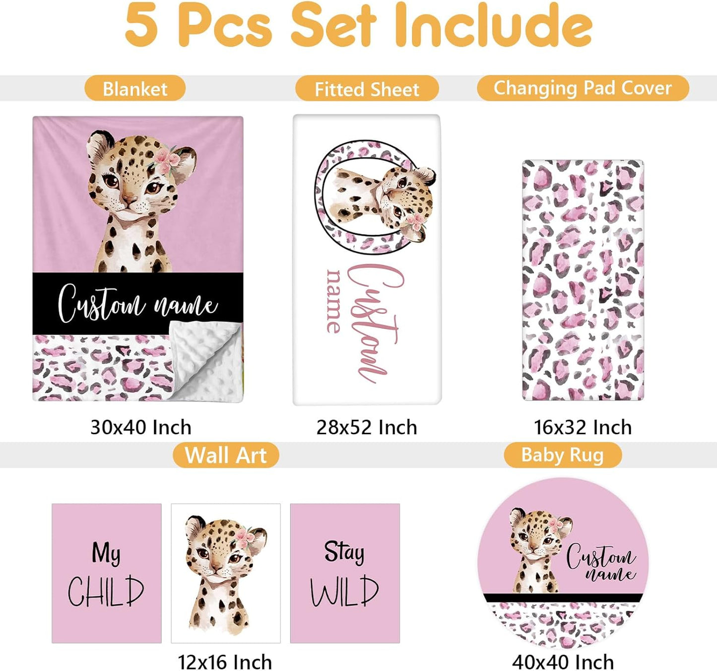 Personalized Baby Bedding Set, 5 Pcs Custom Baby Crib Sets with Name, Toddler Bedding Set for Baby Girls, Pink Leopard Double Layer Nursery Bedding Set, Customized Gifts for Infants Kids