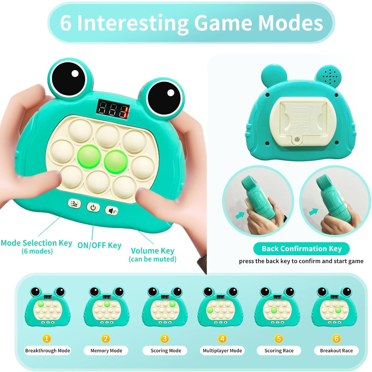 Pop Quick Push Game Light Up Fidget Toys Handheld Puzzle Press Popping Game Console for Kids Ages 3+ Adult Green Frog