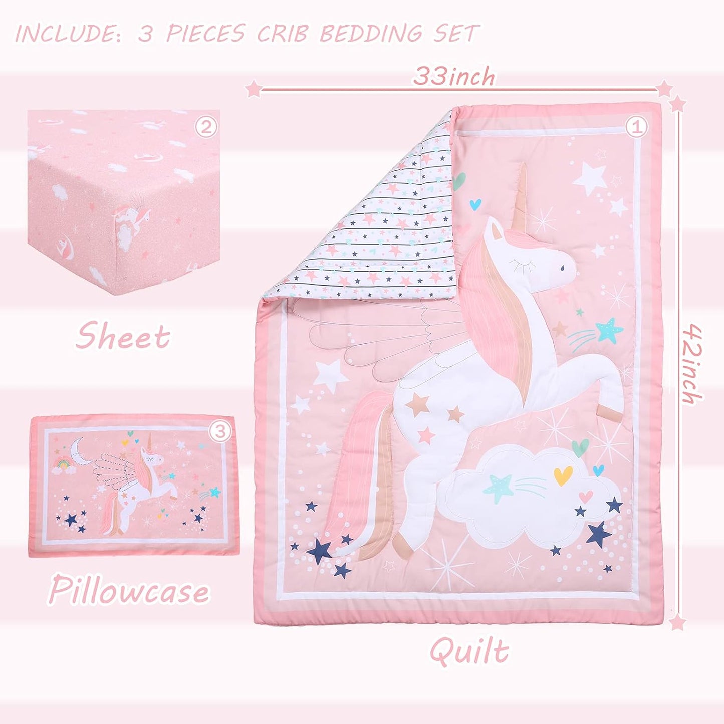 UOMNY Crib Bedding Set for Girls - Pink Baby Nursery Sets 3 Pieces Quilt Comforter Fitted Sheet Toddler Pillowcase Soft Star
