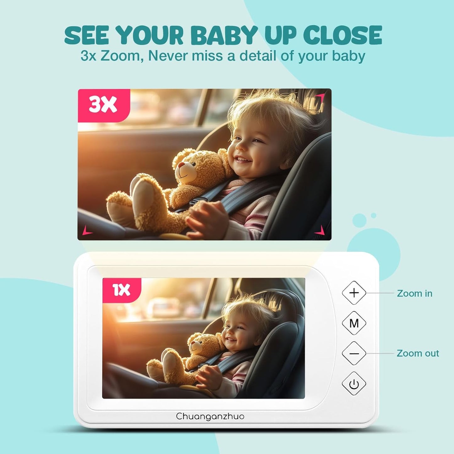 Baby Car Camera with Advanced Crystal-Clear Night Vision, 3X Zoom, USB Powered, 5'' AHD 1080P IPS Car Baby Monitor, Backseat Camera for Kids Infants Rear Facing Mirror, 5inch, White