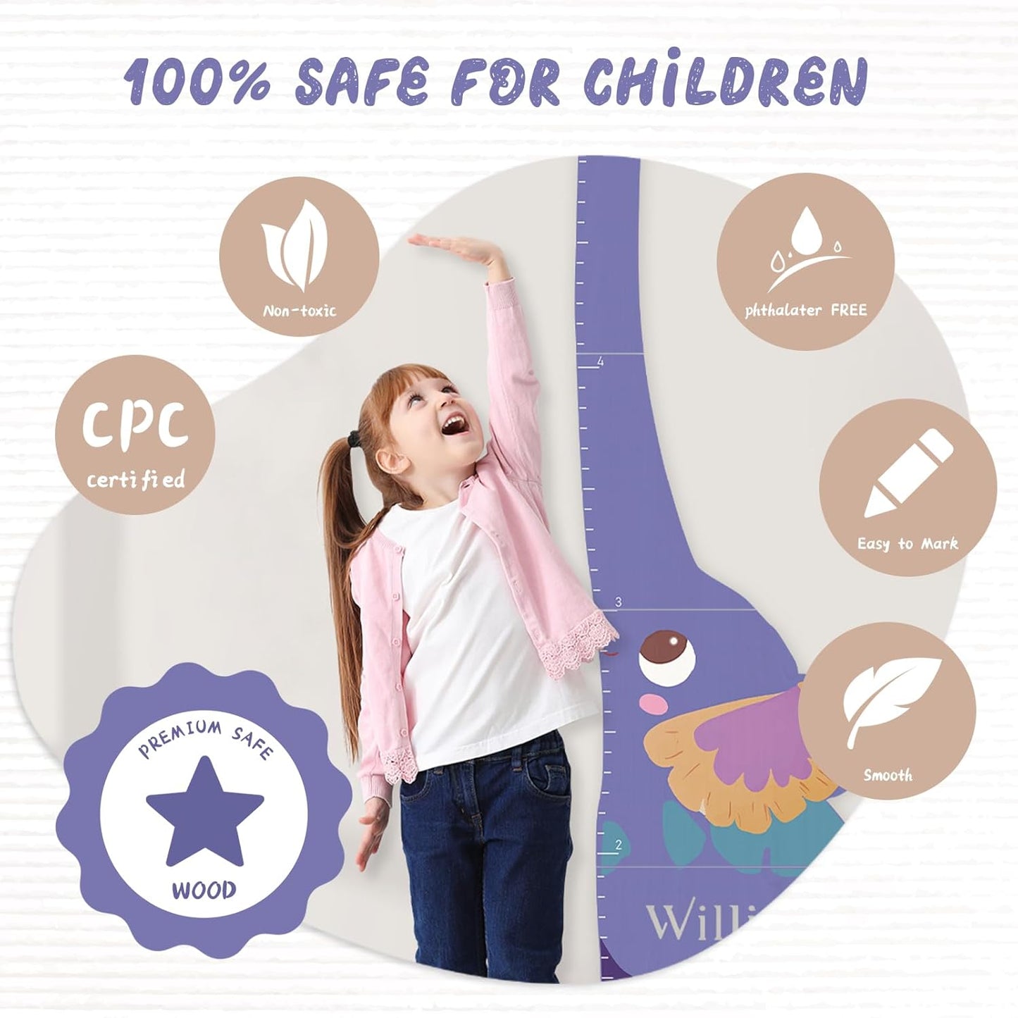 Personalized Name Growth Chart for Kids, Elephant Patchwork Wooden Height Chart for Wall Decor, Baby Boy Girl Measurement Ruler for Room 63" x 15.7"