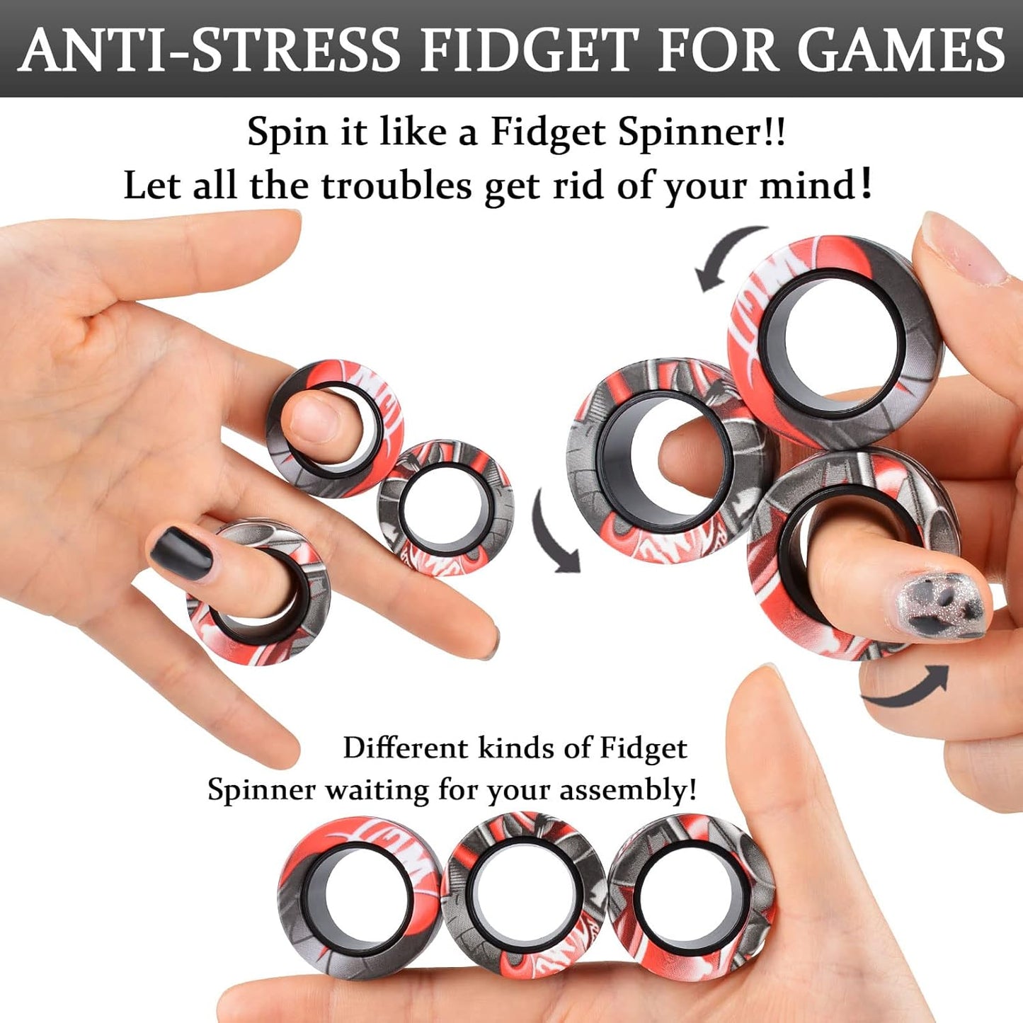 3Pcs Magnetic Rings Fidget Toy Set, Idea ADHD Anxiety Magnetic Fidget Toys Adults Fidget Spinner Rings for Relief, Easter Basket Stuffers Valentines Gifts for 8 9 10 11 12 13+ Year Old Teen Boy Girl B