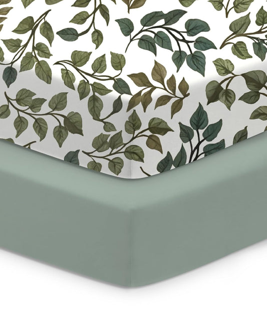 Baby Crib Sheets for Standard Crib Mattress - Green+Leaf, Ultra Soft and Durable, Cozy and Breathable, Fits 28''x52''x9'' Extra Deep Pocket