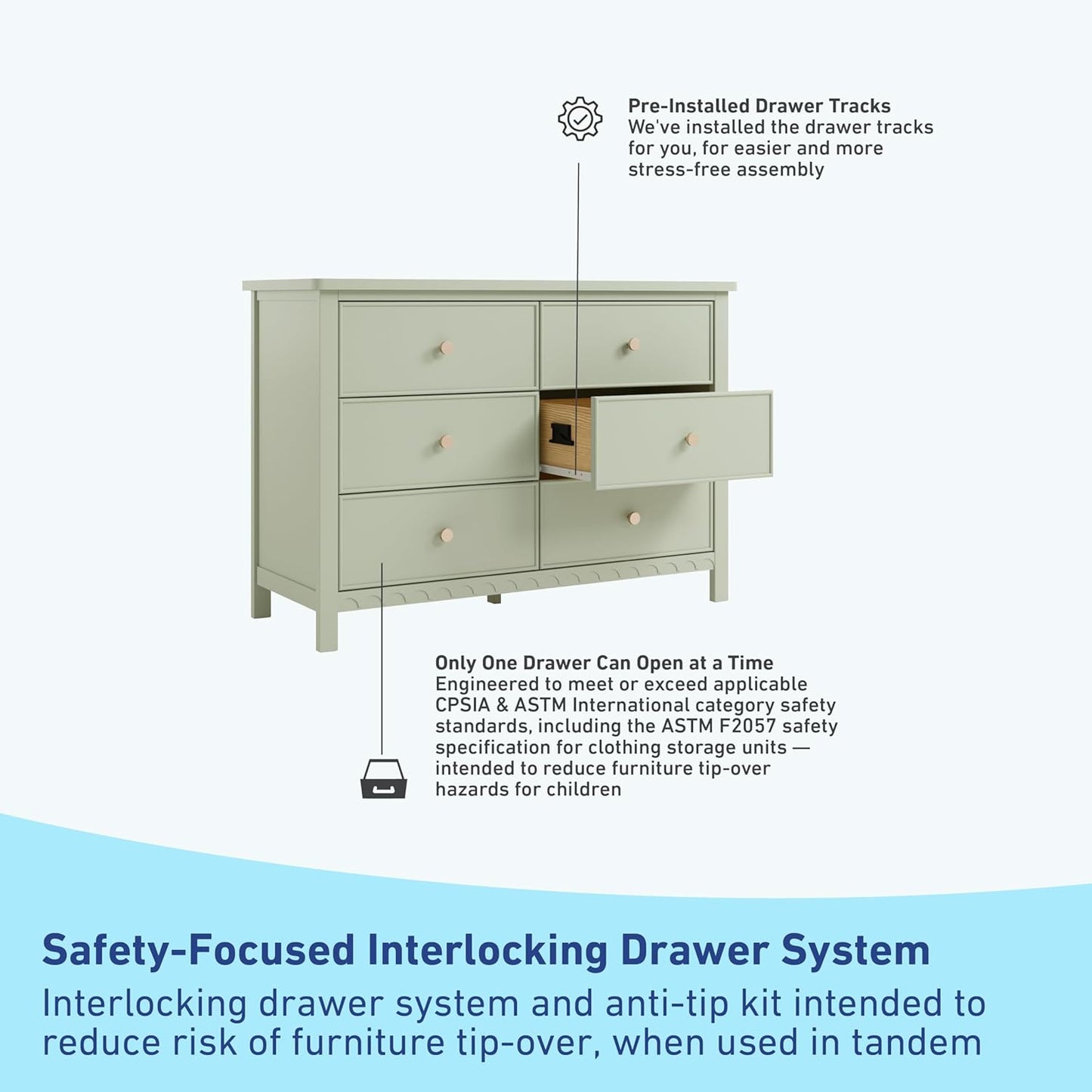 Graco Sasha 6 Drawer Dresser (Sage) – GREENGUARD Gold Certified, Wood Storage for Nursery or Kids’ Room, Safe Interlocking Drawer System & Easy Assembly with Pre-Installed Tracks