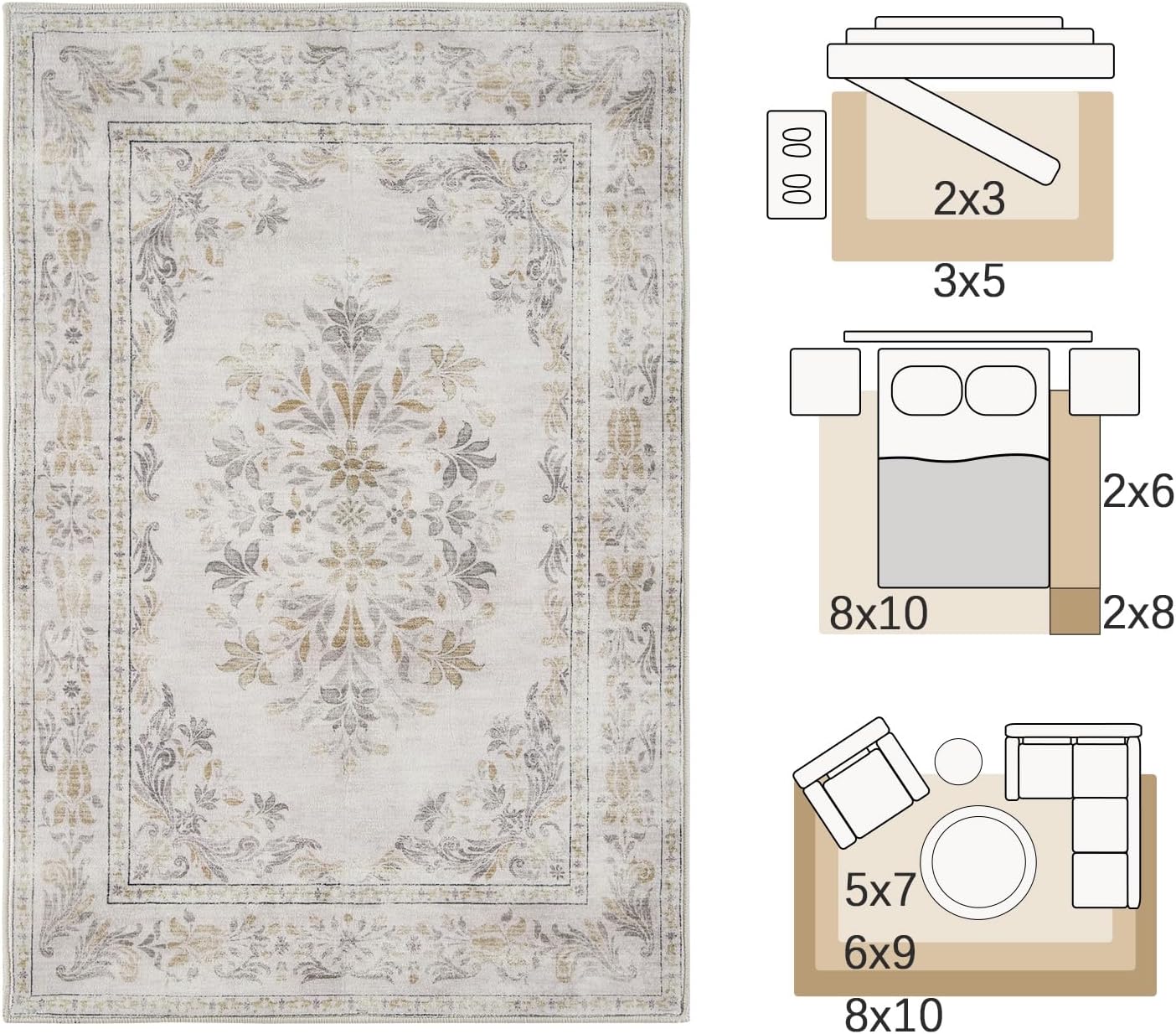 jinchan Hallway Runner Rug 2x8 Vintage Floral Distressed Design - Machine Washable Non-Slip Low-Pile Soft Thin Faux Wool Kitchen Carpet for Farmhouse Bedroom Laundry Room(2x8ft,Light Grey)