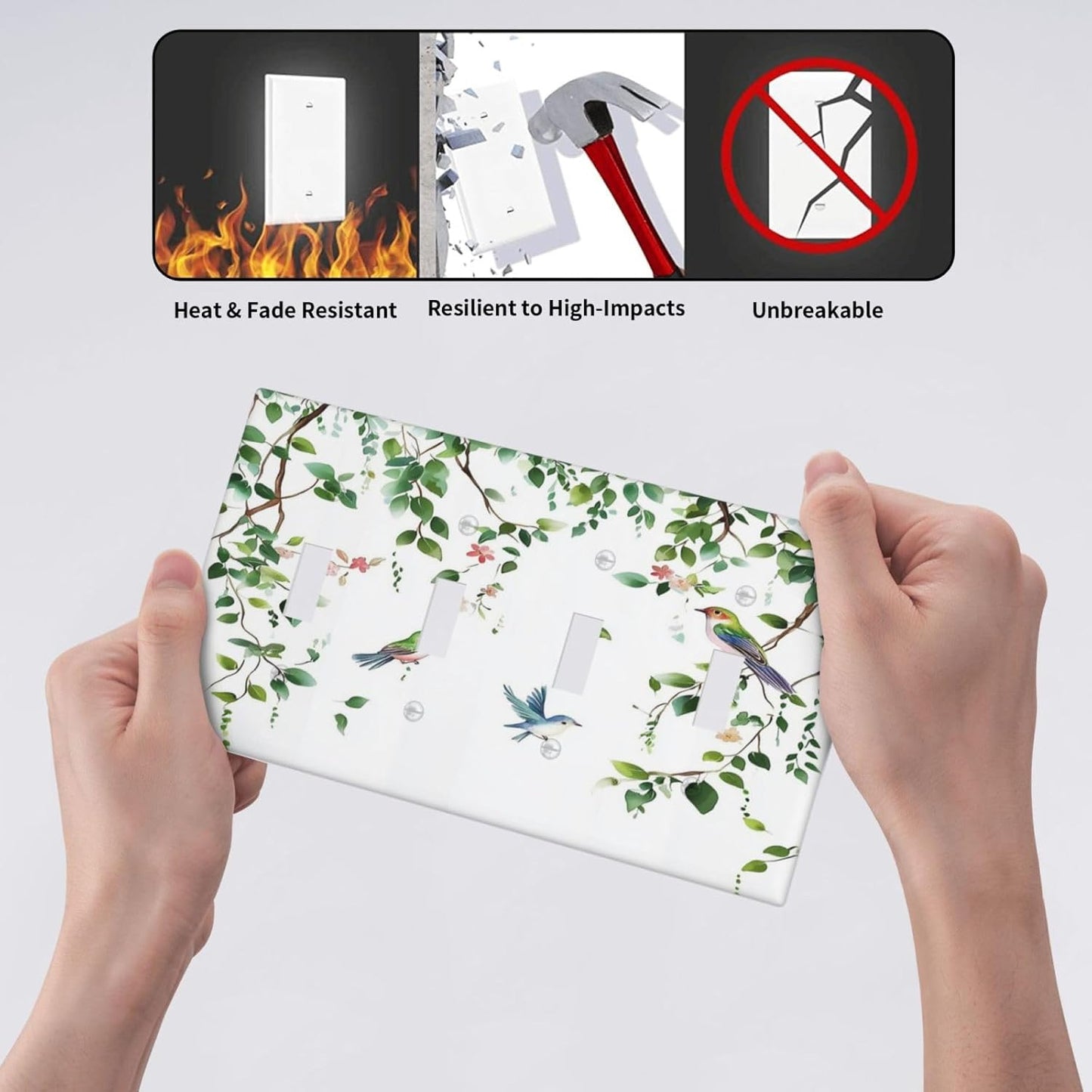 Light Switch Covers Green Leaves Bird Eucalyptus Sage Plant Quad Toggle Electrical Faceplate 4 Gang Wall Plate Decorative Switch Plates For Bed Room Living Room Decor