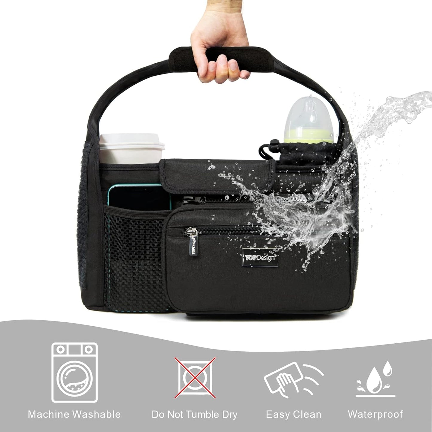 TOPDesign Universal Baby Stroller Organizer, Stroller Caddy with Heightened Insulated Cup Holders & Non-Slip Secure Hooks Accessories, Fits Most Strollers, Machine Washable (Black)