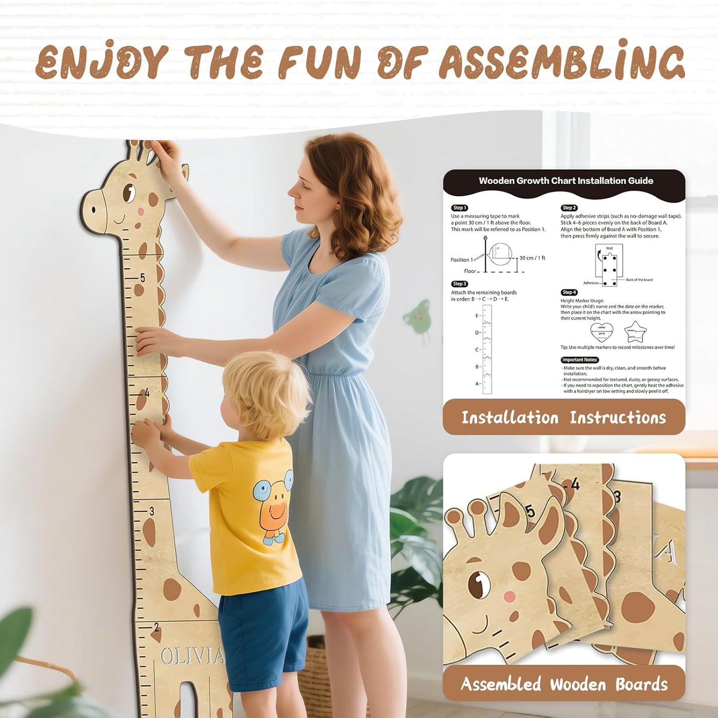 Personalized Name Children's Height Measurement Chart for Wall – Giraffe Kids Growth Chart Ruler, Nursery & Playroom Wall Decor 62.8" x 20.1"