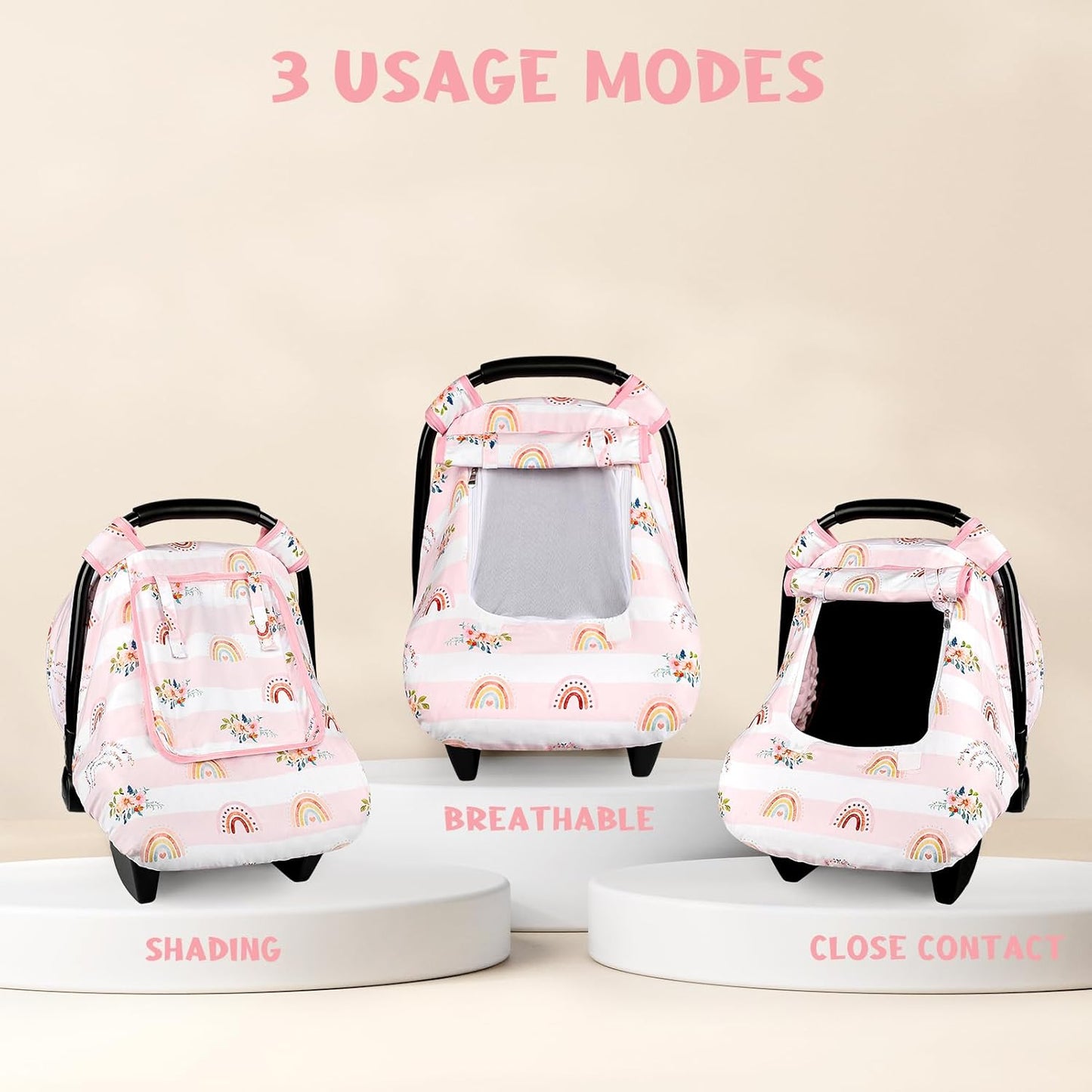 Pea Pod Car Seat Cover Baby, Infant Car Seat Canopy Covers for Newborn with 2 Layers Windows of Breathable Mesh Fabric, Lightweight Polyester/Soft Minky Dot Backing (Floral & Rainbow)