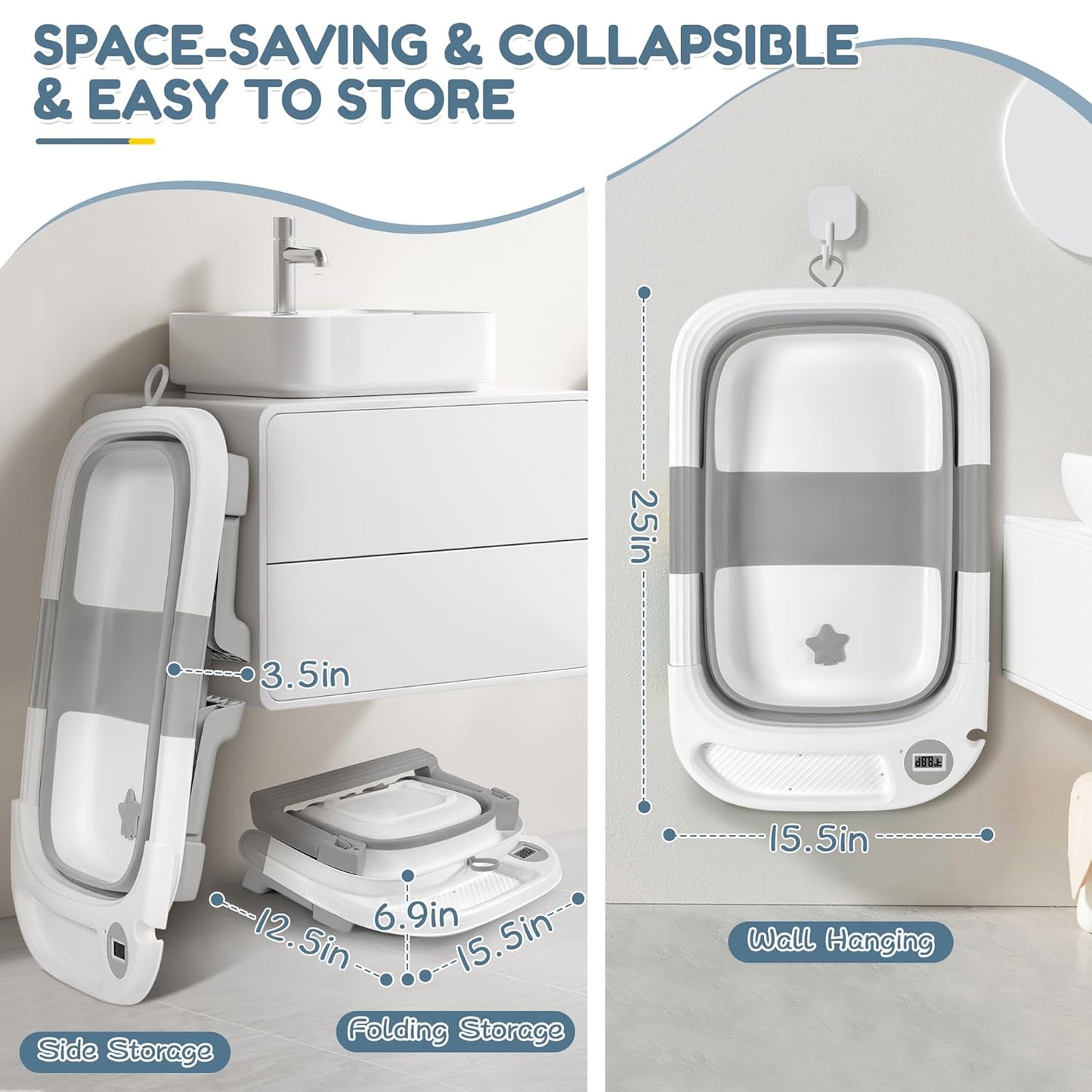 Collapsible Baby Bathtub,Baby Bath Tub with Thermometer & Soft Cushion,Baby Bathtub for Newborn to Toddler 0-36 Months,Portable Travel Baby Tub with No-Slip Feet,Baby Shower Gifts,Grey