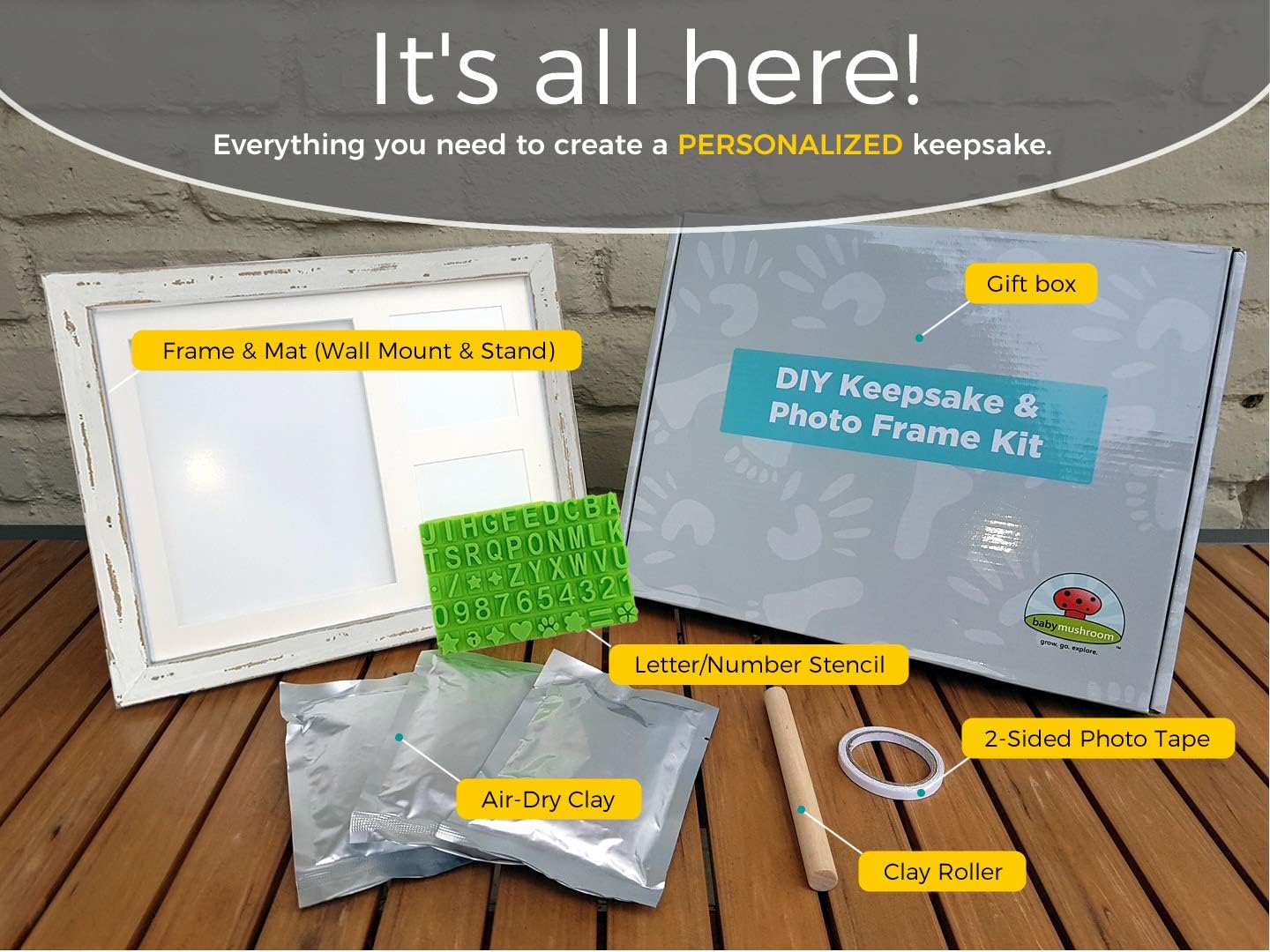 Baby Mushroom Farmhouse Baby Hand & Footprint Picture Frame Keepsake Kit - Rustic 9" x 11" Distressed Wood Frame, Clay, & Stencil for Newborns, New Mom, Registry Gift