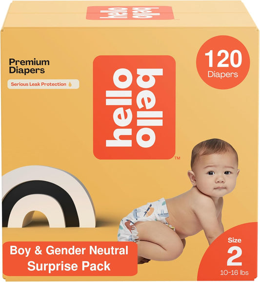 Hello Bello Diapers, Size 2 (10-16 lbs) Surprise Pack for Boys - 120 Count of Premium Disposable Baby Diapers, Hypoallergenic with Soft, Cloth-Like Feel - Assorted Boy & Gender Neutral Patterns