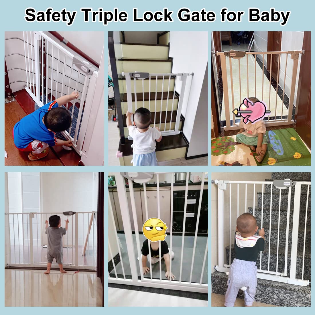WAOWAO Triple Lock Baby Gate Extra Wide 49.21-53.14" Pressure Mounted Walk Through Swing Auto Close Safety Black Metal Dog Pet Puppy for Stairs,Doorways,Kitchen