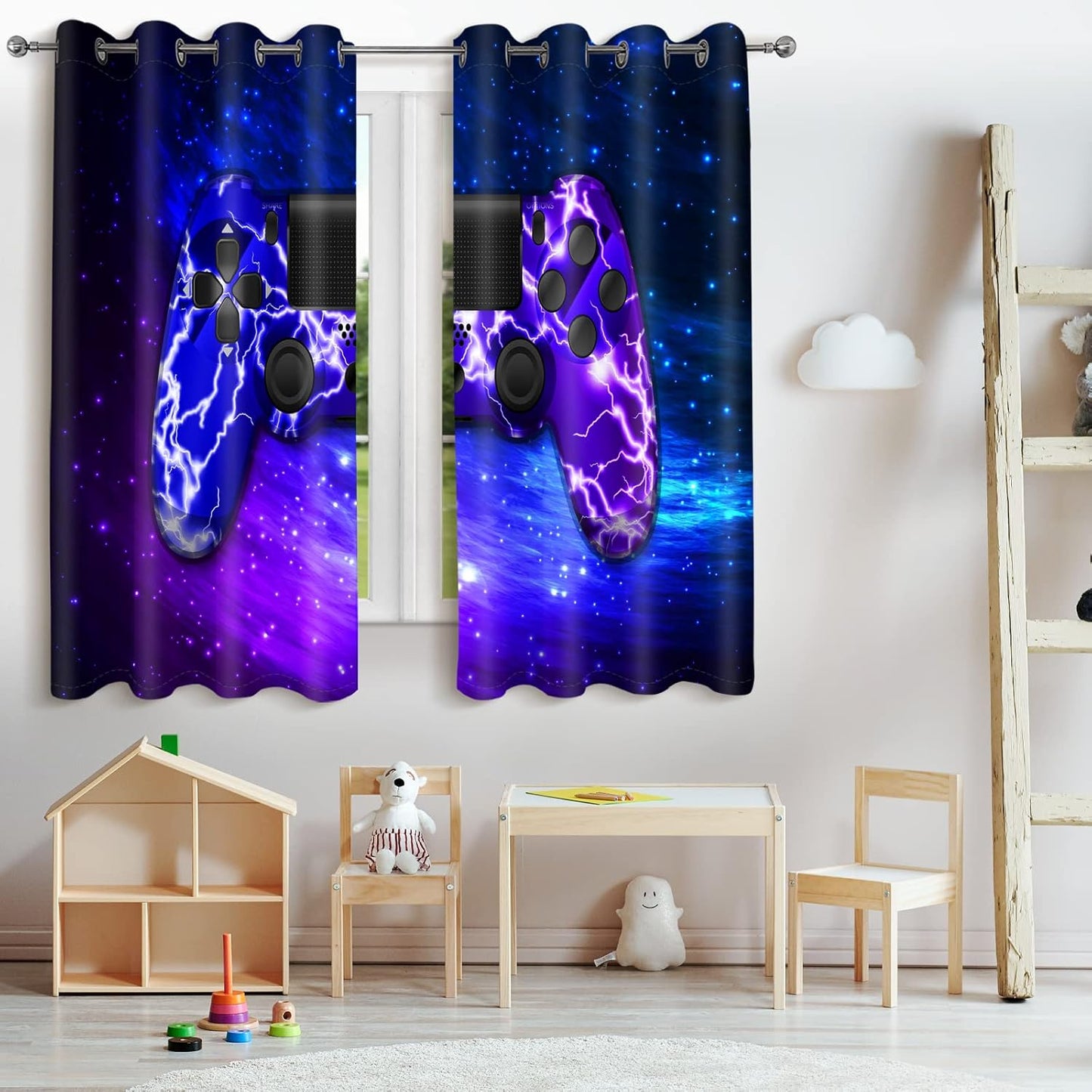 Jekeno Gamer Gaming Gamepad Blackout Curtains Kids Boys Teens Bedroom Purple Blue Video Game Controller Decor Home Living Room Darkening Grommet Window Drapes 2 Panel Set, 42"x63"