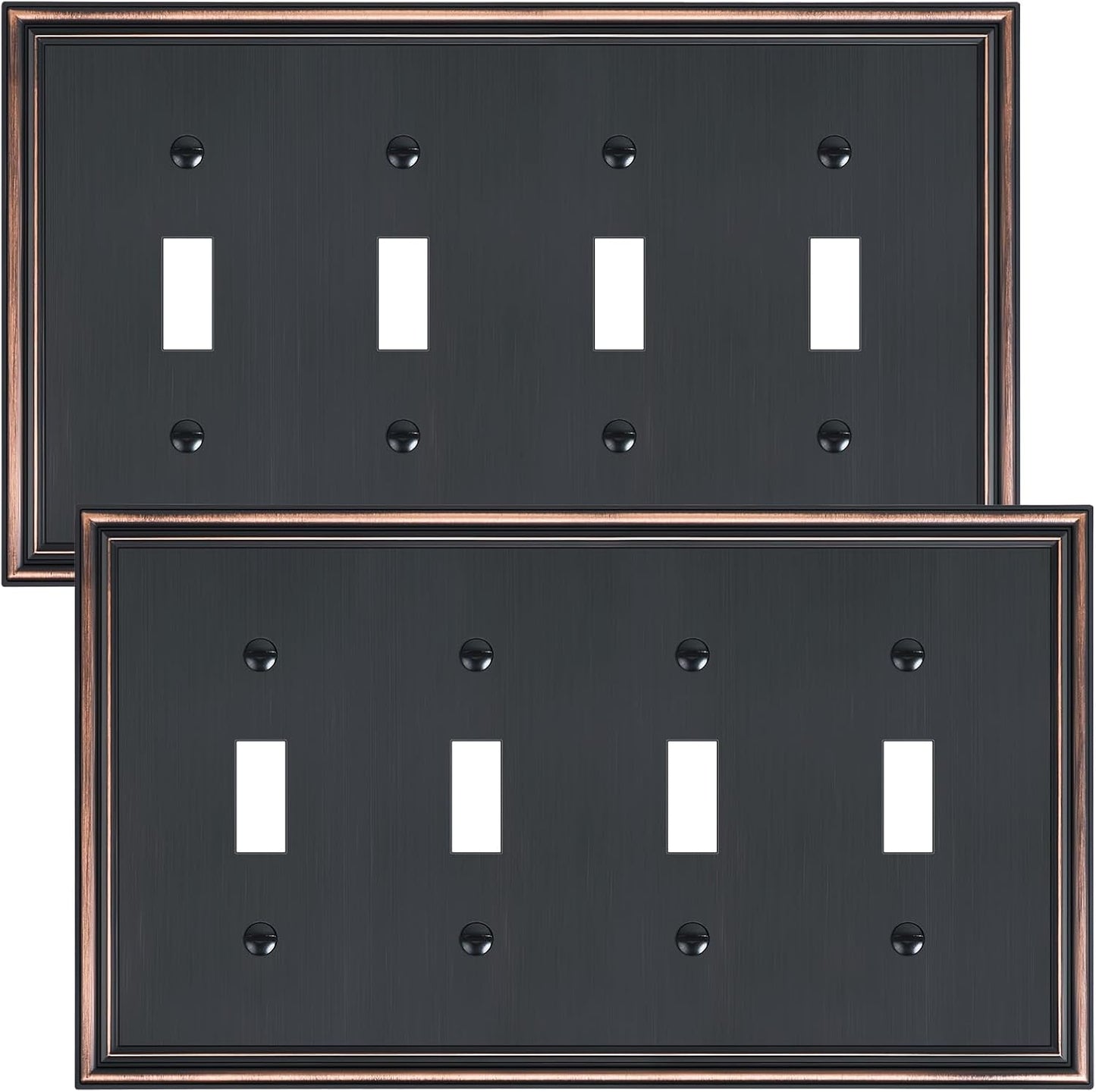 2-Pack Quad Toggle Light Switch Cover Plate, Durable Zinc Alloy Decorative Switch Plate Covers, Aged Bronze 4 Gang Wall Plate for Toggle Light Switch and Rotary Dimmer Switch