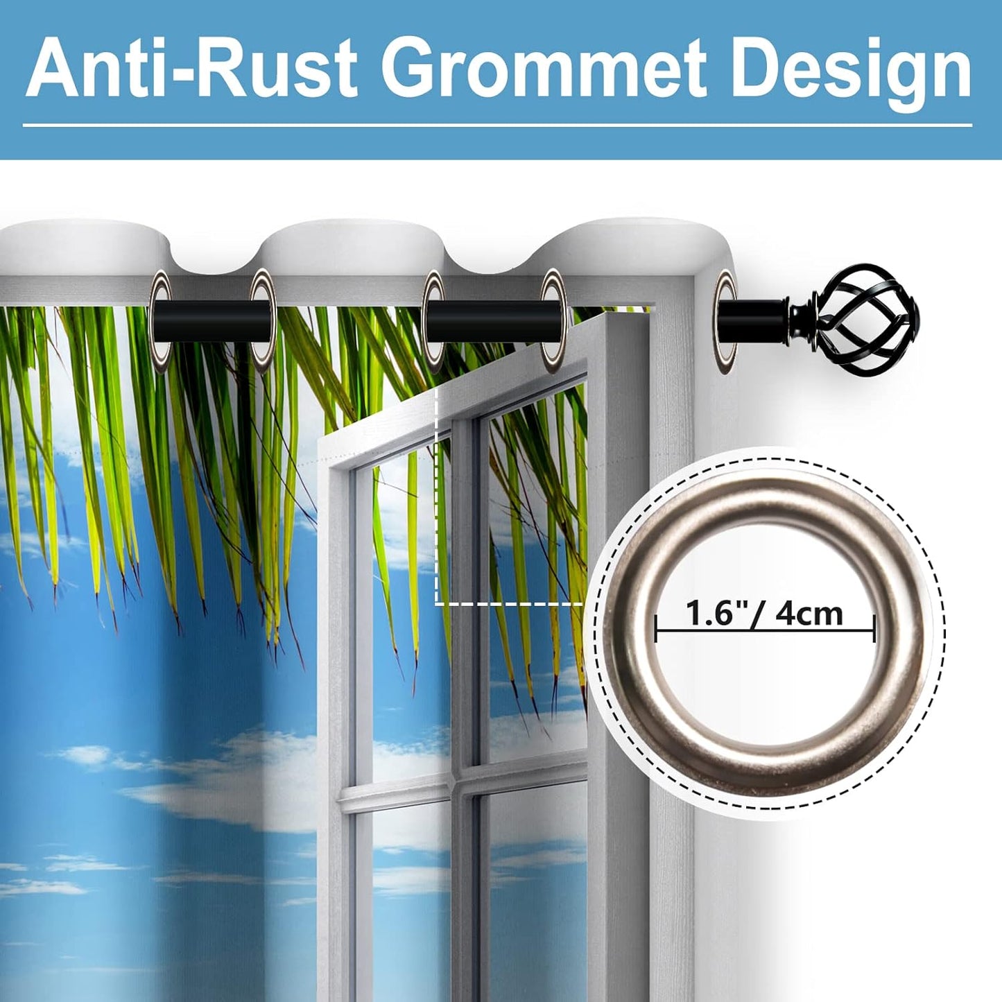 Aimego Ocean Beach Blackout Curtains Tropical Palm Trees White Wooden Window Scenery Decor for Bedroom Living Room Window Drapes Grommet Top Room Darkening Curtains 2 Panel Set 52"X63"